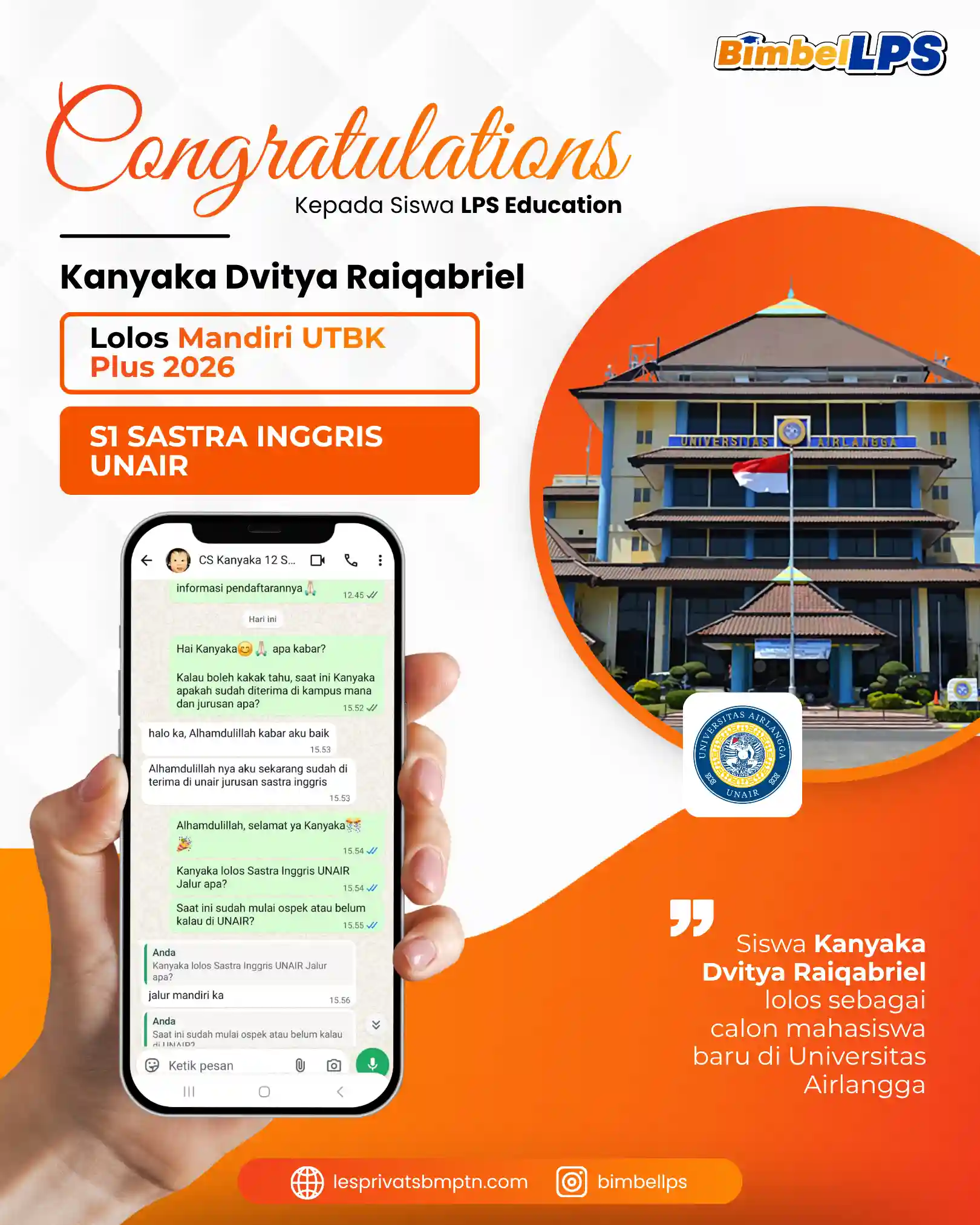 Kanyaka Dvitya Raiqabriel Lolos Mandiri UTBK Plus 2026 S1 Sastra Inggris UNAIR
