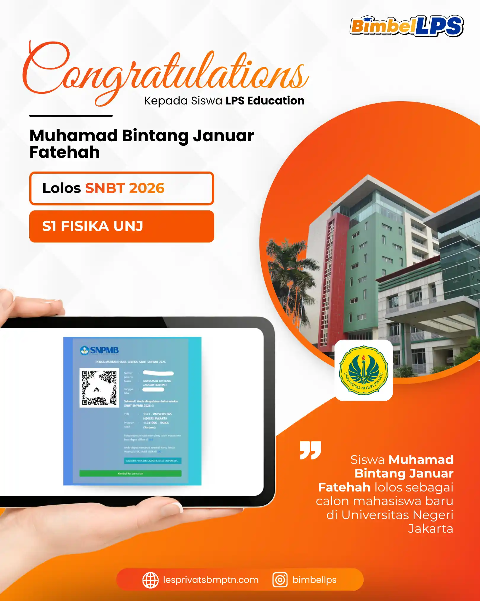 Muhamad Bintang Januar Fatehah Lolos SNBT 2026 S1 Fisika UNJ
