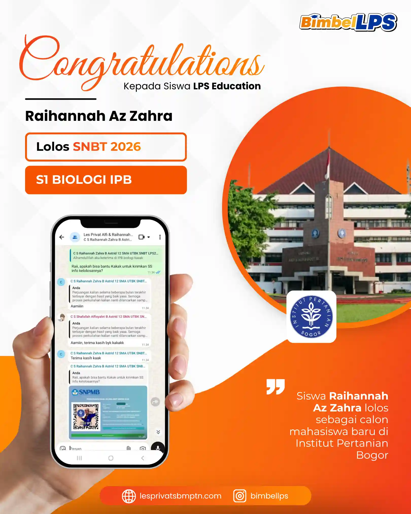 Raihannah Az Zahra Lolos SNBT 2O26 S1 Biologi IPB