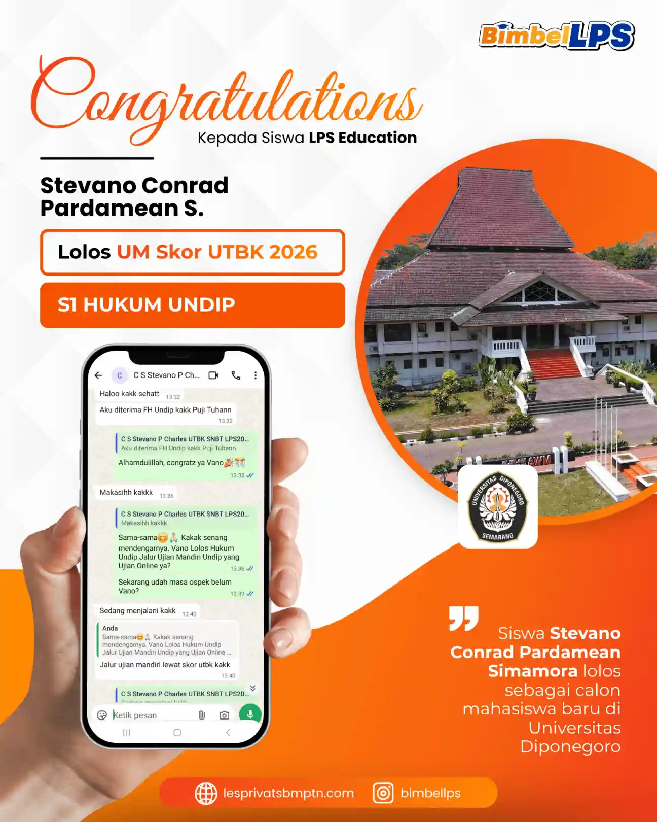 Stevano Conrad Pardamean Simamora Lolos UM Skor UTBK S1 Hukum UNDIP